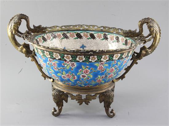 A Longwy chinoiserie ormolu mounted bowl, late 19th century, height 25.5cm